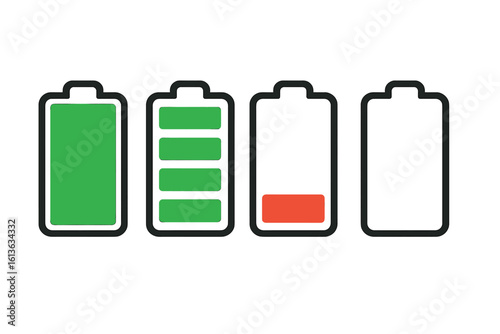 Battery charge level indicator icons. Vector set for UI design. Smartphone battery status with full, medium, low and empty power display. Energy level symbol collection.