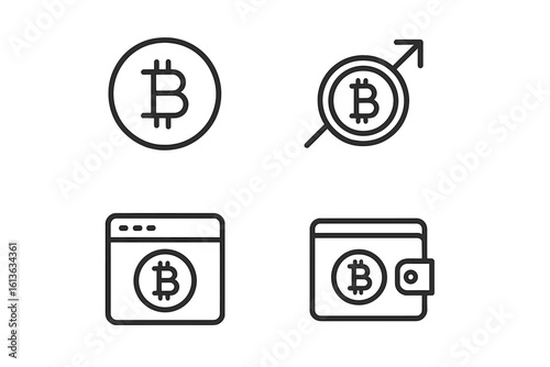 Bitcoin cryptocurrency icon set. Line art vector symbols for finance, web design, and apps. Includes digital currency coin, wallet, growth chart, and browser icons.