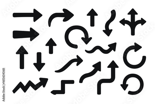Big set of hand-drawn arrows. Black marker sketch symbols. Collection of various doodle pointers. Cursors and direction signs. Vector navigation elements for web design.
