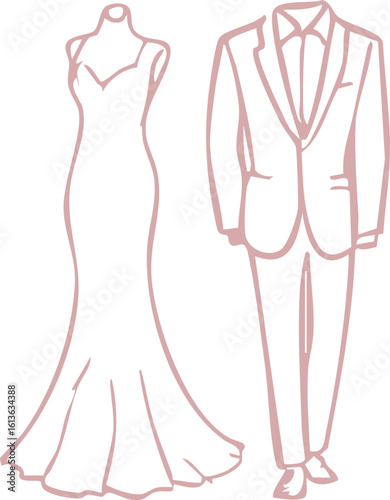 Elegant wedding dress and formal suit outline minimalistic line art suitable for fashion or event design with sophisticated and stylish appearance perfect for wedding or formal occasion themes