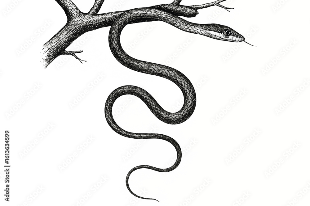 Obraz premium A detailed illustration of a snake coiling from a tree branch, capturing the essence of nature in a black and white artistic representation.