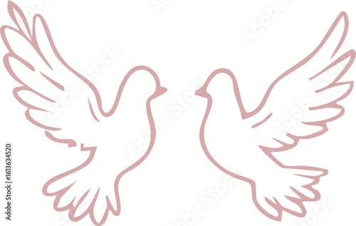 Two doves facing each other with outstretched wings symbolizing peace and harmony outlined soft pink simple line art elegant and minimalistic design suitable for decorative or symbolic use