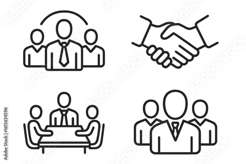 Business people icon set in thin line style. Vector icons for teamwork, leadership, and management. Includes handshake for agreement, partnership, and business meeting.