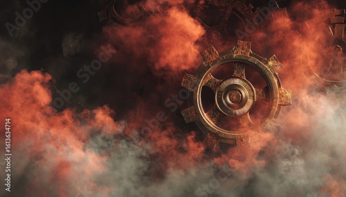 Rusty gear amidst smoky clouds