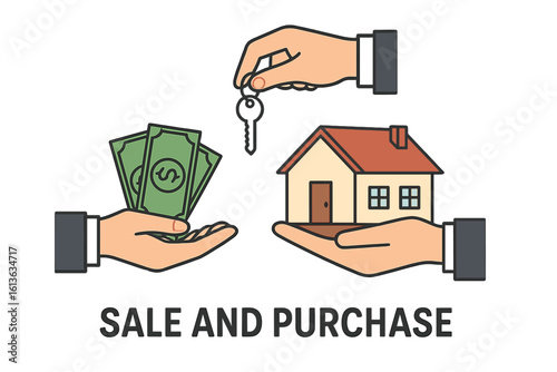 Real estate transaction concept. Buying, selling and renting a house. Hand holding home and giving key to other hand with money. Mortgage, investment, deal vector icon.