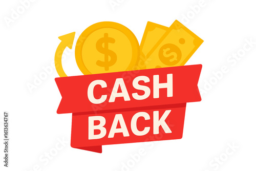 Cash back vector icon. Money refund concept. Saving money. Financial reward, bonus, or loyalty program promotion. Return money service label for shopping. Isolated on white.