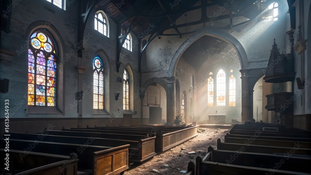 Obraz premium Hauntingly beautiful abandoned church interior bathed in ethereal sunlight revealing stained glass windows and decaying pews