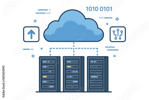 Cloud data storage and online computing technology concept. Servers in a datacenter for web hosting and information transfer. Digital network database vector illustration.