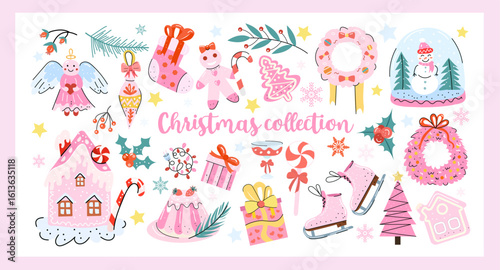 Cute pastel Christmas clipart collection with gingerbread house, gifts, candy, pink tree, skates, angel and snow globe. Vector hand drawn set for winter holidays and kids design.