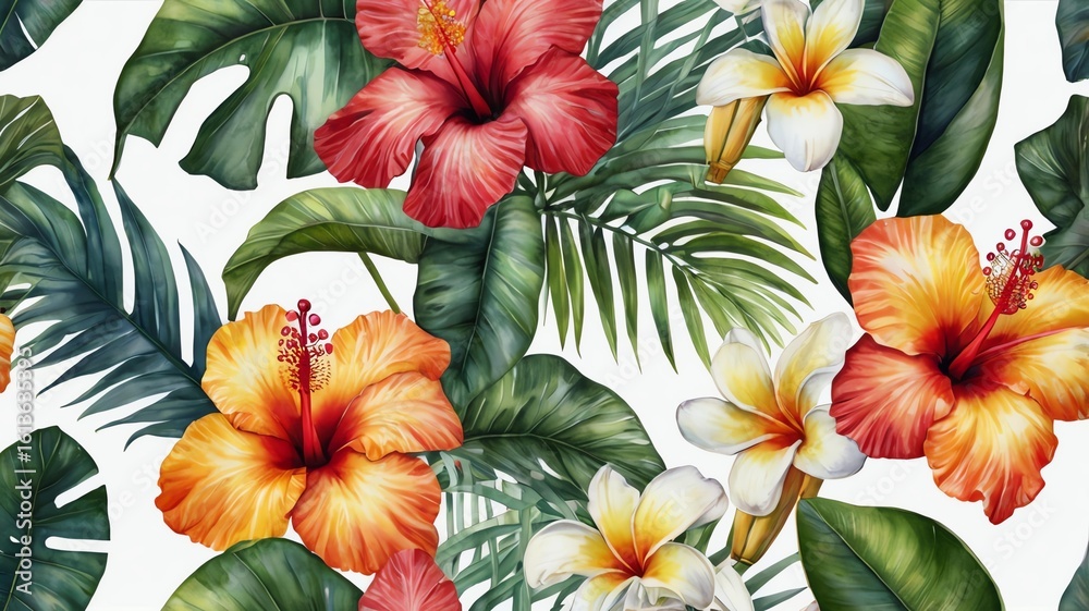 custom made wallpaper toronto digitalWatercolor floral bouquet illustration Colorful tropical flowers with lush green leaves