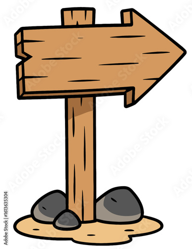Directional arrow sign in rough wood set amid ground rocks