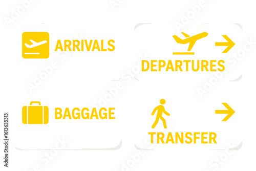Set of airport signs for arrivals, departures, baggage claim, and transfer. Vector icons for navigation and information board. Passenger flight terminal direction concept.