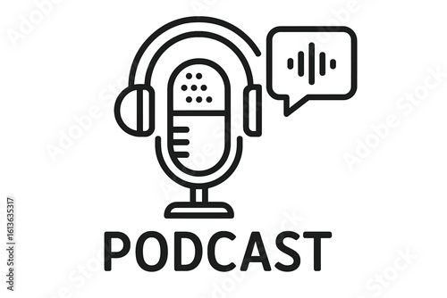 Podcast icon vector. Microphone with headphones logo. Live streaming audio broadcast. Online radio show concept. Sound record symbol for web. Voice talk show interview.