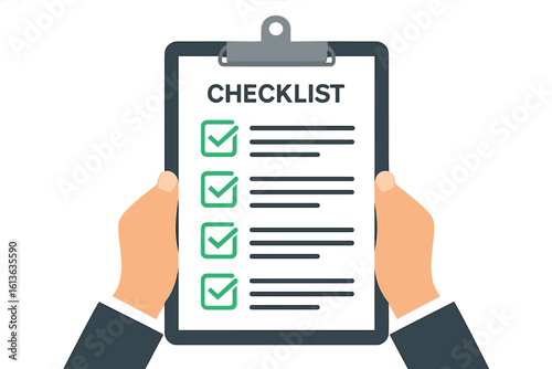 Businessman hands holding a clipboard with a completed checklist. Concept of task management, goal achievement, and successful project completion. Survey and to-do list icon.