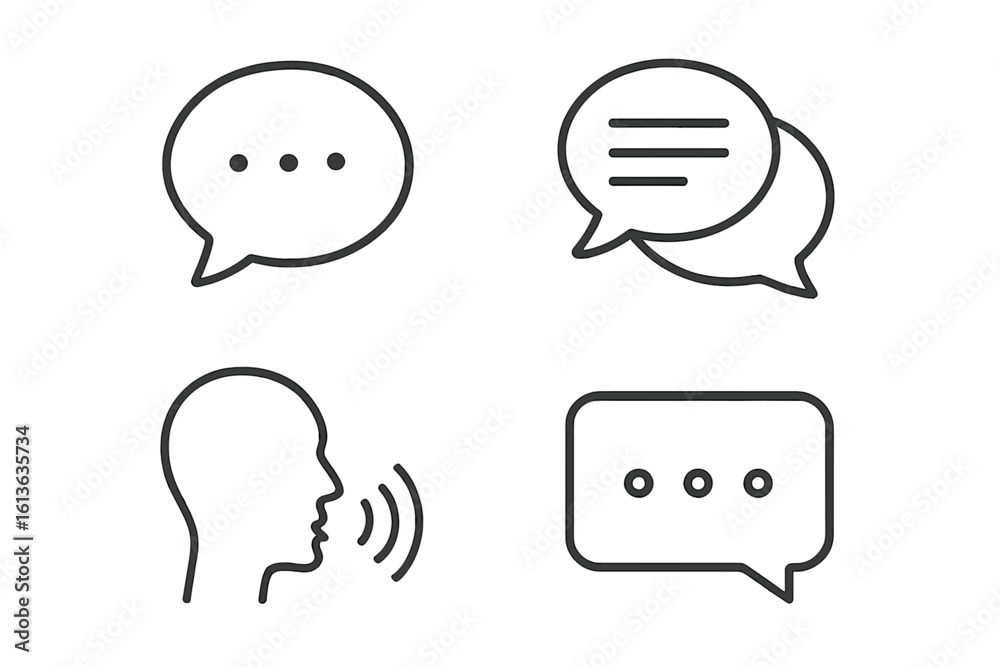 Communication line icon set. Chat bubble, speaking head, message, and dialogue vector signs. Thin outline pictogram collection for web, mobile app, forum, and support. Communication line icon set. Chat bubble, speaking head, message, and dialogue vector signs. Thin outline pictogram collection for web, mobile app, forum, and support.