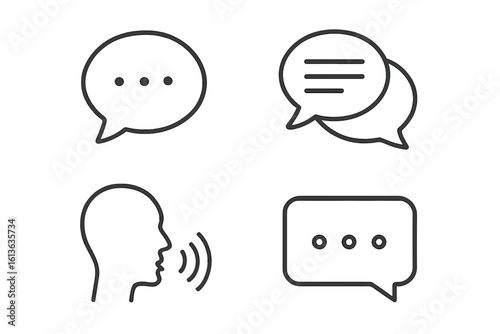Communication line icon set. Chat bubble, speaking head, message, and dialogue vector signs. Thin outline pictogram collection for web, mobile app, forum, and support.
