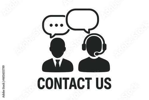Contact us concept. Customer support agent with headset consulting a client. Vector icon for call center, helpdesk, online chat, telemarketing, hotline, and communication.