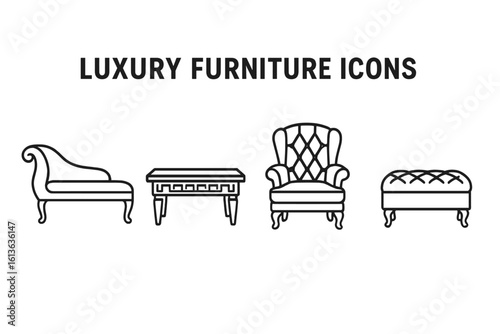 Luxury furniture icon set. Line art collection of classic interior design elements. Vector illustration of a chaise lounge, armchair, coffee table, and tufted ottoman.