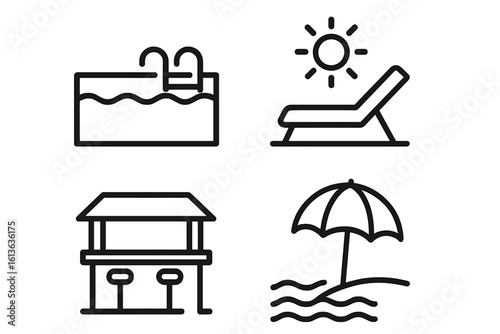 Luxury resort icon set. Summer vacation outline icons. Paradise infinity pool, sun lounger, swim-up bar, pool umbrella, beach vector illustration. Line art symbols.