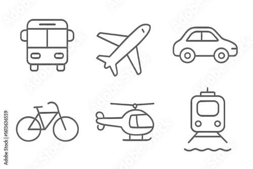 Transport icon set in thin line style. Vehicle and travel symbols for web and mobile app. Public transport, car, bike, train, airplane, bus, helicopter icons.