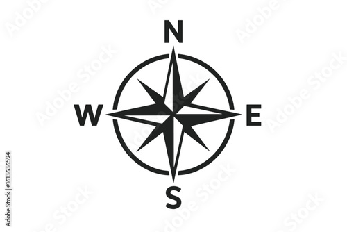 Vector compass rose. Simple flat symbol for marine navigation. North, South, East, West indicated. Travel, adventure, journey concept. Geographic orientation guide icon.