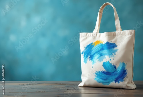 Stylish tote bag with abstract blue artwork.