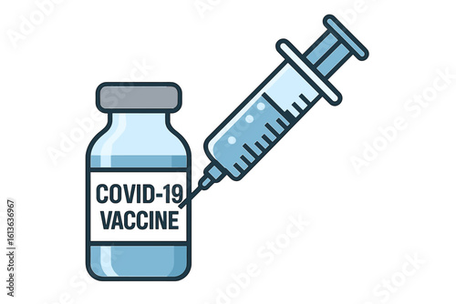 Covid-19 vaccine bottle and syringe injection for coronavirus vaccination. Medical immunization and pandemic treatment concept. Healthcare and medicine vector illustration.