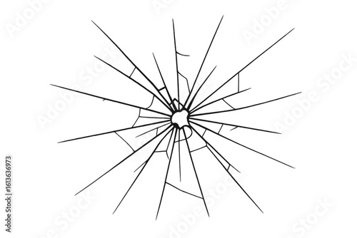 Cracked glass vector illustration isolated on transparent background. Realistic broken glass texture from bullet impact. Abstract shattered surface effect or window damage.