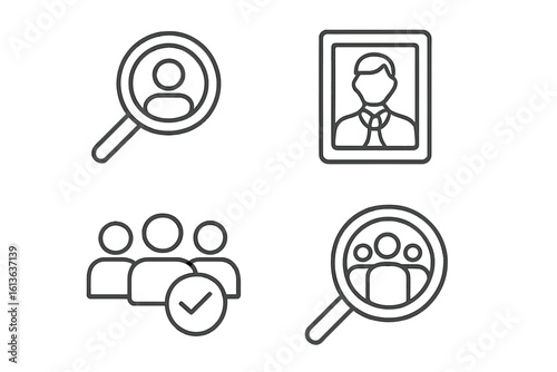 Human resources linear icons set. Headhunting, recruitment. Find candidate, employee CV, approved team, search group. Personnel selection, staffing vector symbols collection.