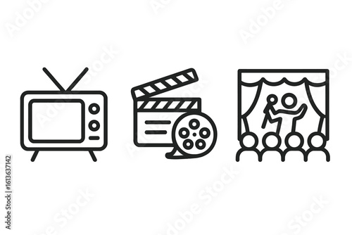 Entertainment icons for tv shows, movies, and live performances. Vector line art collection of television, cinema clapperboard, and theater stage symbols for media.