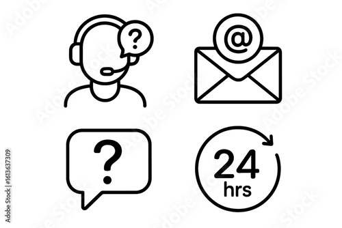 Customer service and support icon set. Line style web icons for contact us page, online assistance, call center operator, email, FAQ, and 24 hours help desk.