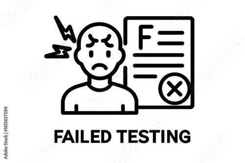 Failed test vector icon. Student stress and anxiety from bad grade F on exam. Negative result, poor performance concept. Education and learning problems pictogram.