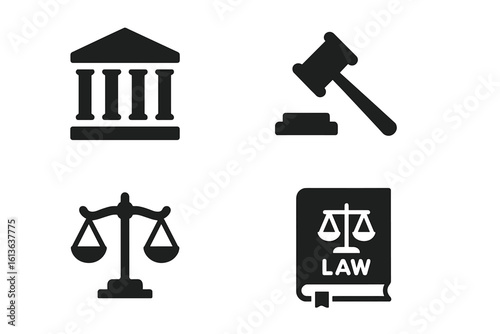 Justice and law icon set. Courthouse, judge gavel, scales, and law book solid glyphs. Vector illustration for legal system, court case, judgment, crime, auction, legislation.