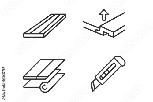 Laminate flooring installation linear icons set. Floor covering setup concept. Laminate plank, click-lock joint, underlayment, utility knife. Home repair vector.