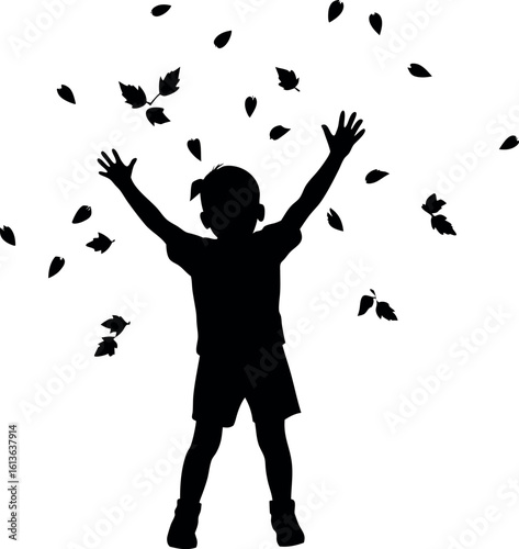 Vector art of a silhouette of a child with falling leaves isolated on white background, capturing the essence of autumn and childhood joy