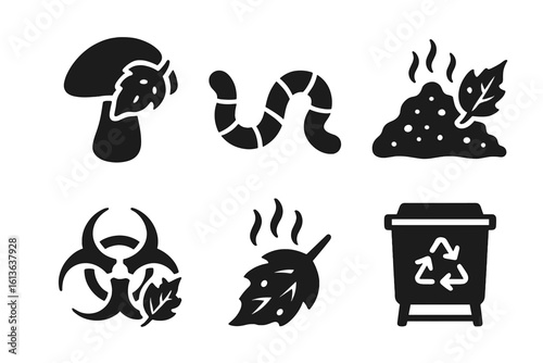 Leaf decay solid icon set. Compost vector illustration with mushroom, earthworm, soil, fungus, and leaf mold. Recycling and biohazard symbols for organic waste.
