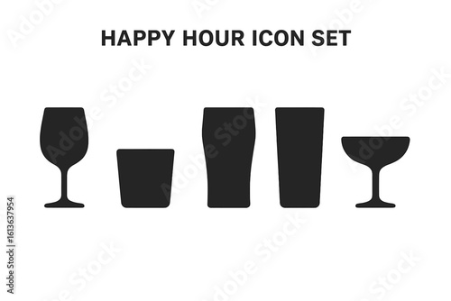 Bar glassware vector icon set. Happy hour drink menu elements. Solid glyph silhouettes of a wine glass, tumbler, pint, highball, and coupe. Alcohol, cocktail, party symbols.