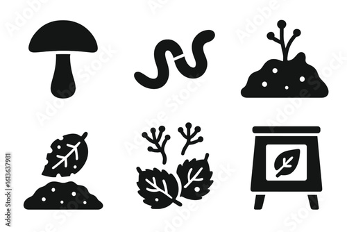 Leaf decay and compost solid icon set. Icons for organic waste recycling with mushroom, earthworm, soil, fungus, leaf mold, and compost bin. Vector for gardening.