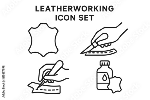 Leatherworking line icon set. Artisan leather craft and handmade hobby. Process of creating leather goods: cutting hide with knife, stitching with awl, and dyeing. Vector.