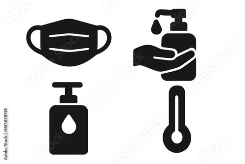 Health precaution solid icon set. Face mask, hand sanitizer, soap dispenser, thermometer symbols. Hygiene, safety and pandemic prevention vector glyph collection.