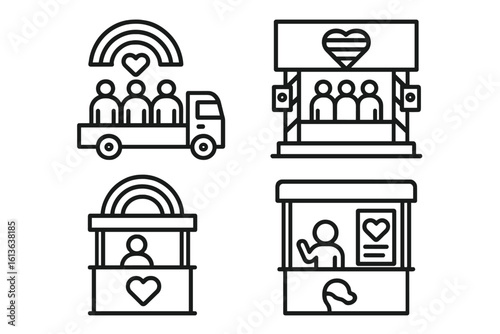 LGBTQ event icon set. Outline symbols of pride parade float, festival stage, informational booth. Community celebration vector graphics for gay, lesbian, queer pride.