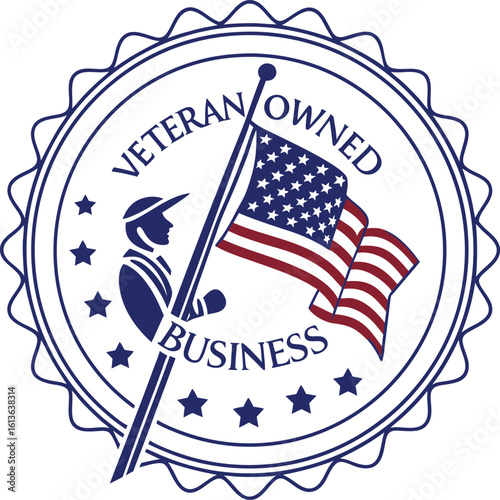Veteran Owned Business Seal with American Flag and Soldier Silhouette
