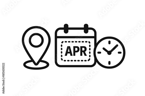 Location, date, and time icon set. Vector illustration for event planning, appointment scheduling, and reminders. Simple line icons of map pin, calendar, and clock.