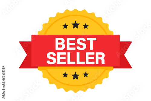 Best seller badge vector illustration. Gold medal award icon with red ribbon and stars. Quality seal for top product. Golden label for promotion and customer choice.