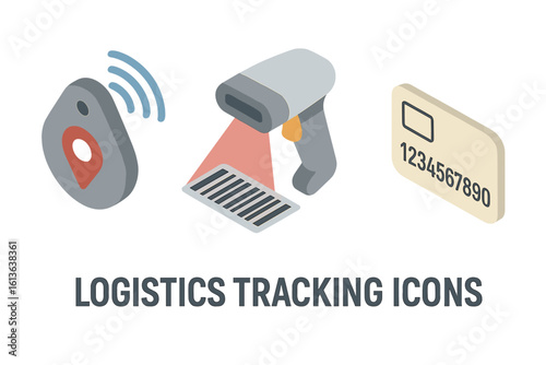 Logistics tracking icon set. Isometric flat vector illustrations of GPS tracker tag, barcode scanner, and shipping label with number for delivery and supply chain.
