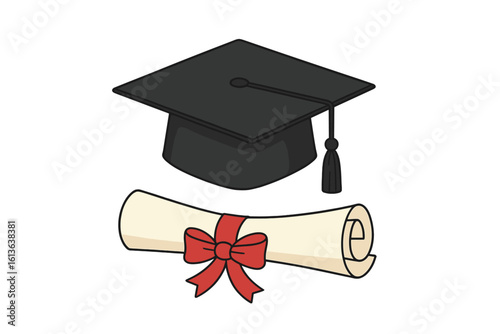 Graduation cap and diploma icon. University education concept. Academic mortarboard hat for graduate. Element for degree ceremony, learning success. Student achievement vector.