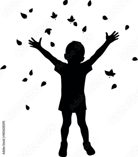 Vector art of a silhouette of a child with falling leaves isolated on white background, capturing the essence of autumn and childhood joy