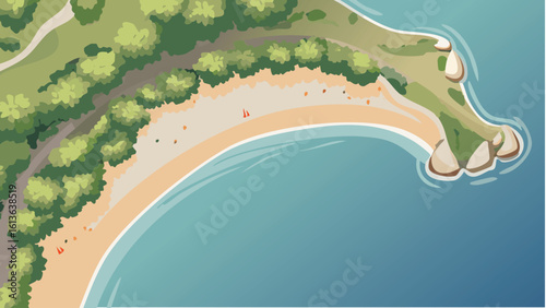 Aerial perspective of a secluded, crescent beach encircled by verdant cliffs and serene sea, perfect for promotional travel campaigns, resorts, or nature photography.

