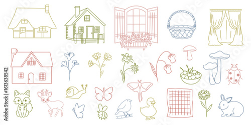 Hand drawn cottage core illustrations. Cute countryside aesthetic doodle icons. Vector line art.