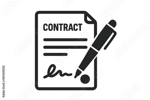 Contract signing icon with pen and signature. Business agreement symbol. Legal document for a deal, partnership or treaty. Vector illustration on transparent background.